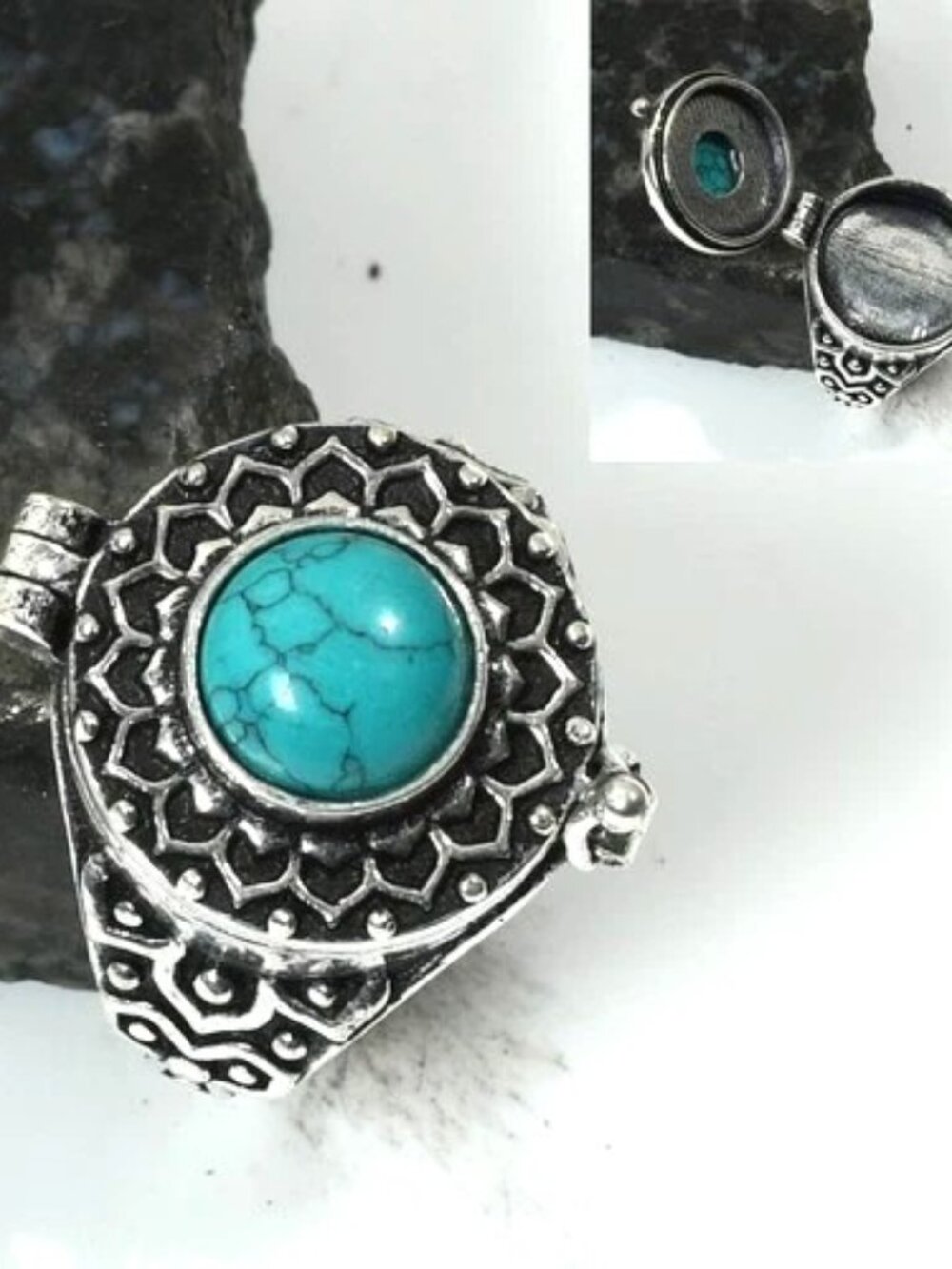 Turquoise Gemstone Sterling Silver Poison Box Ring